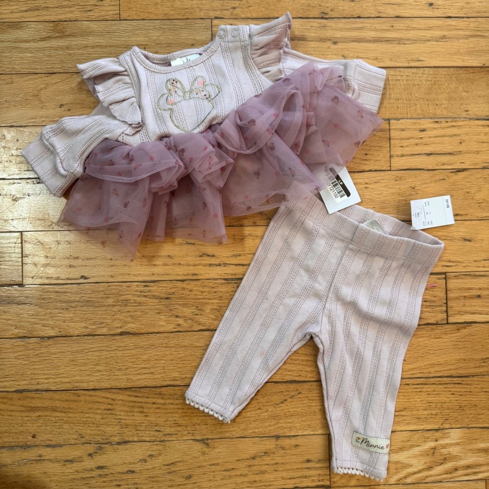 Disney Baby Minnie Mouse Tutu Top and Leggings Set Mauve Pink Ribbed NB NEW